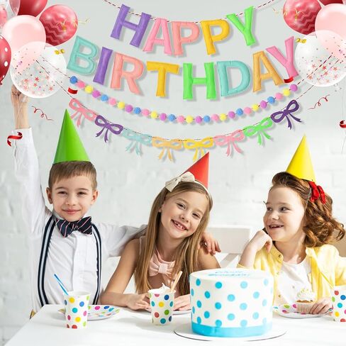 3Pcs 118 Inch Pre-Strung Happy Birthday Felt Banner - Felt Ball Garland -Pastel Birthday Banner with Bow Party Decorations Party Garland for Wall Decoration in Saudi Arabia