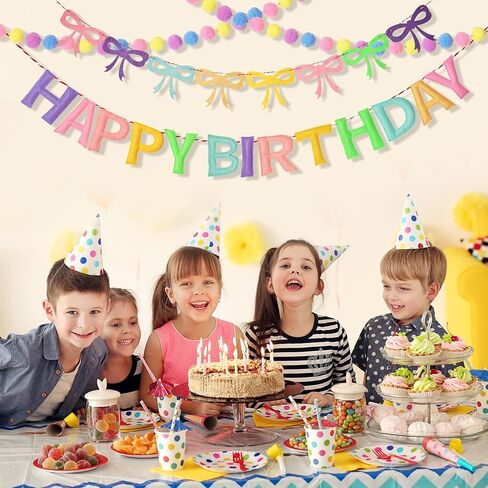 3Pcs 118 Inch Pre-Strung Happy Birthday Felt Banner - Felt Ball Garland -Pastel Birthday Banner with Bow Party Decorations Party Garland for Wall Decoration in Saudi Arabia