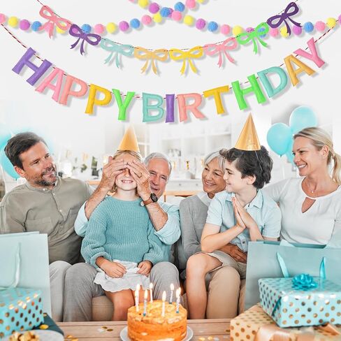 3Pcs 118 Inch Pre-Strung Happy Birthday Felt Banner - Felt Ball Garland -Pastel Birthday Banner with Bow Party Decorations Party Garland for Wall Decoration in Saudi Arabia