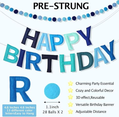 3Pcs 118 Inch Pre-Strung Happy Birthday Felt Banner - Felt Ball Garland -Pastel Birthday Banner with Bow Party Decorations Party Garland for Wall Decoration in Saudi Arabia