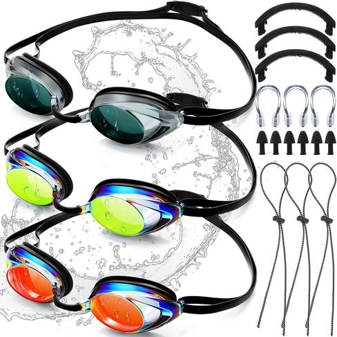 3 Pcs Adult Swimming Goggles for Men Women Anti UV Fog Racing Mirrored Swim Goggles Silicone with 3 Quick Adjust Bungee Straps and 6 Nose Bridges for Adult Youth Sports in Saudi Arabia