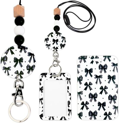 Black Bows Lanyards with ID Badges, Bow Ties Name Badges Holder with Neck Breakaway Lanyard Detachable Keychain Beaded for Teacher Nurse Office Student Decor Gifts in Saudi Arabia