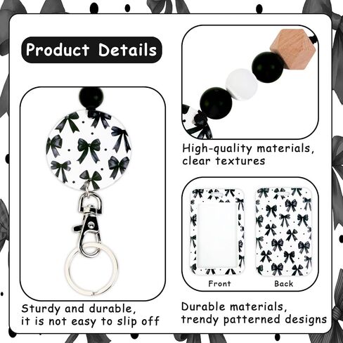 Black Bows Lanyards with ID Badges, Bow Ties Name Badges Holder with Neck Breakaway Lanyard Detachable Keychain Beaded for Teacher Nurse Office Student Decor Gifts in Saudi Arabia