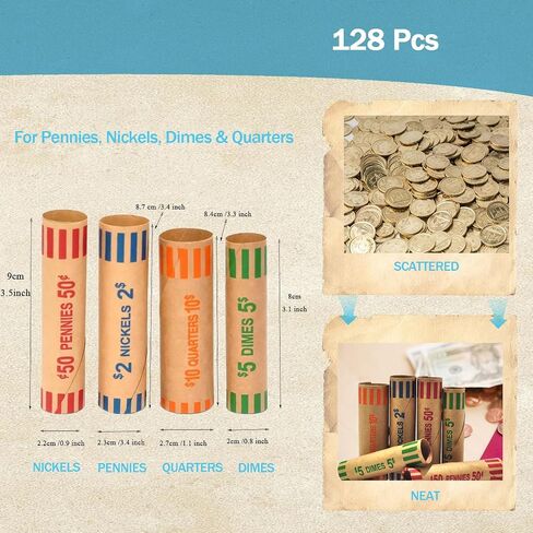 Preformed Coin Wrappers Rolls, 128pcs (Quarters, Pennies, Nickels, Dimes), Fits Coin Sorters and Hand-Filling in Saudi Arabia