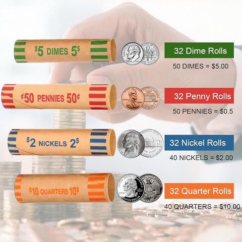 Preformed Coin Wrappers Rolls, 128pcs (Quarters, Pennies, Nickels, Dimes), Fits Coin Sorters and Hand-Filling in Saudi Arabia