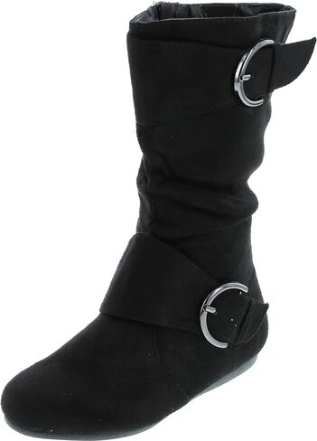 Link Klein-70k Girl's Kid's Faux Suede Two Buckle Zipper Flat Heel Mid Calf Slouchy Boot Shoes (4 B(M) US, Brown) … in Saudi Arabia