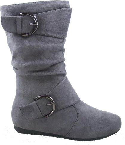 Link Klein-70k Girl's Kid's Faux Suede Two Buckle Zipper Flat Heel Mid Calf Slouchy Boot Shoes (4 B(M) US, Brown) … in Saudi Arabia