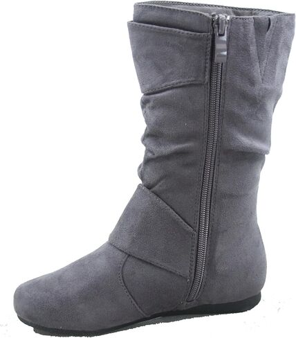 Link Klein-70k Girl's Kid's Faux Suede Two Buckle Zipper Flat Heel Mid Calf Slouchy Boot Shoes (4 B(M) US, Brown) … in Saudi Arabia