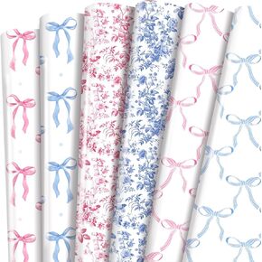 TAKEALOOKO Pink Blue Bow Wrapping Paper - 12 Sheet Vintage Floral Wrappaper Chinoiserie Art Paper Gift Wrap Papers for Coquettte Birthday Party DIY Crafts, 19.7 x 27.6''