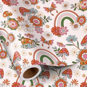RUSPEPA Retro Boho Wrapping Paper Roll, Mini Roll, Vintage Mushroom Design with Daisy, Plaid and Vibrant Colors, Gift Wrap Paper Great for Birthday, Boho Gifts and Spring Gifts, 17 Inches x 16.4 Feet