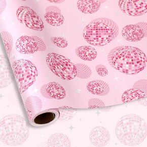 JarThenaAMCS Disco Ball Wrapping Paper -Mini Roll- 17 Inch x 32.8Ft Pink Foil Silver Disco Theme Gift Wrap Art Paper for Bachelorette Birthday DIY Crafts