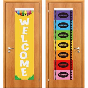 Haooryx Back to School Crayon Classroom Door Window Cover - 2Pcs Curtain Blackout Shades Front Door Welcome Sign Darkening Glass Window Cover for Nursery School Classroom Bulletin Board Office Decor
