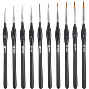 Miniature Paint Brush Set, 10 Fine Detail Brushes, Taklon Bristles, Sizes 5/0 to 8, for Acrylic and Watercolor