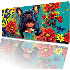 Cute French Bulldog Gaming Mouse Pad 31.5x11.8in,Floral Dog Large Extended Desk Mat with Non-Slip Rubber Base,Puppy Big Mousepad for Laptop Computer PC,for Office Home Decor,Deskmat Gifts