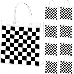 20 Pcs Checkered PVC Race Car Gift Bags with Handles Party Favor Reusable Clear Black and White Bags Candy Treat for Racing Car Graduation Birthday Party Supplies Decorations