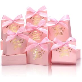 DOYIDE 30 Pack Small Thank You Gift Bags, 4.5x1.8x3.9in Party Favor Bags with Bow Ribbon, Mini Paper Gift Bag with Gold Foil Printed, Pink Treat Boxes for Birthday Wedding Bridal Baby Shower