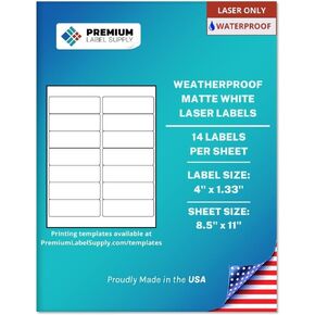 Premium Label Supply Waterproof White Address Sticker Labels – 4" x 1.33" – Laser Printers Only – (14 per Sheet), 10 Sheets - 140 Total Adhesive Labels