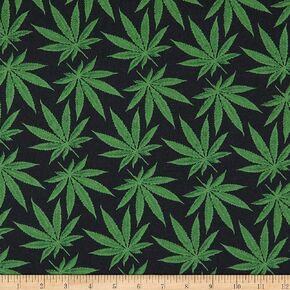 60" Wide 100% Cotton, Cannabis Leaf, Marijuana Hemp Leaf Print Fabric - Black/Green - by The Yard