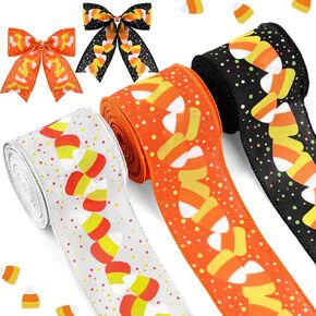 3Rolls Halloween Wired Edge Ribbon 30 Yards Candy Corn Printed Burlap Ribbon Black Orange White Candy Fabric Ribbon for Bow Wreath Making Gift Wrapping Supplies