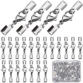 SUNNYCLUE 1 Box 40 Sets Fold Over Cord End Crimp Bracelet Clasp Leather Clasps and Closures Stainless Steel Lobster Claw Clasps Cord Clamp End Caps Terminators Crimp End Tips for Jewelry Making Kits