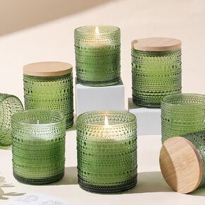 Assorted Green Glass Candle Jars for Making Candles (8 Pack), 8 oz & 14 oz Candle Jars with Bamboo Lids & Labels, Empty Storage Containers, Candle Making Supplies, Table Decorations, DIY Gifts