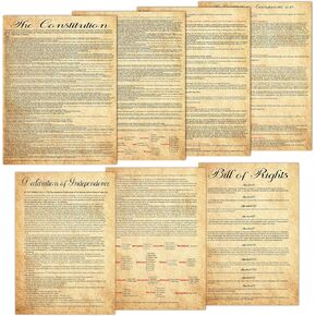 7Pcs American Founding Documents Poster US Constitution with All Amendments, Declaration of Independence and Bill Of Rights Posters Vintage US History Wall Prints for Classroom School Home Office