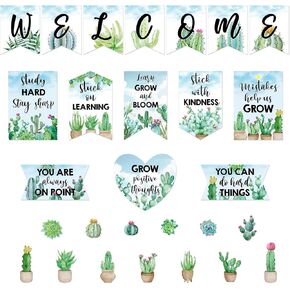 Outus 28 Pcs Cactus Welcome Bulletin Board Posters Decor Set Motivational Theme Classroom Decorations Inspirational Quotes Paper Cutouts for Teachers Students Home School Supplies