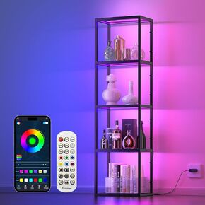 66" Luxury 4-Side Lighted Dimmable LED Glass Display Shelf, 4-Tier Curio Cabinet with Remote/APP Control, Music Sync, Display Cases for Collectibles, Floor Lamp with Shelves for Home Bedroom Decor