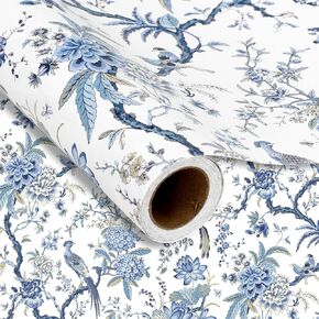 JarThenaAMCS Floral Bird Wrapping Paper -Mini Roll- 17in x 32.8Ft Chinoiserie Flower Gift Wrap Paper Blue and White Craft Paper for Party Packing Supplies