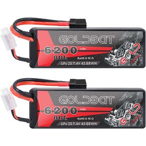 GOLDBAT 6200mAh 2S 80C 7.4V RC LiPo Battery Pack Hard Case with TR Connector for RC Vehicles Car Truck Truggy (2 Packs)
