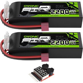OVONIC 3S Lipo Battery 25C 2200mAh 11.1V Lipo Battery with Dean-Style T Connector for RC Airplane Helicopter Quadcopter RC Car Truck Boat(2 Packs)(with Lipo Voltage Checker)