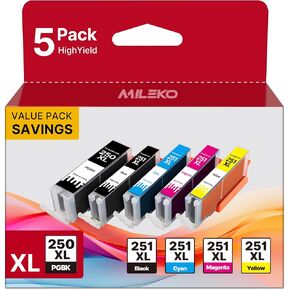 PGI-250XL CLI-251XL Compatible for Canon 250 for Canon 251 Printer Ink Cartridges for PIXMA MX922, MG5420, MG5520, MG5522, MG6320, MG6620, iP7220 (5 Pack, PGBK, Black, Cyan, Magenta, Yellow)