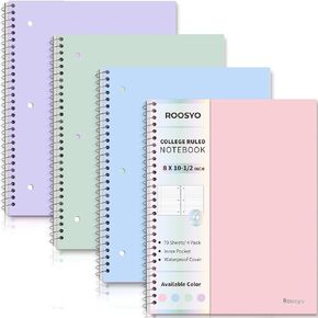 Spiral Notebooks College Ruled 4 Pack, 1 Subject, College Ruled Paper, 10.5"x8", 70 Sheets, Plastic Cover with Pocket, 3 Hole Punched, Perforated Pages, Silver Coil Binding – Ideal for School, Office, or Journaling, Pink, Blue, Green, Purple