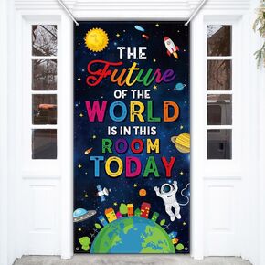Tiamon Space Classroom Door Cover Space Party Door Cover Banner Astronaut Planet Rocket Hanging Banner Decoration for Birthday Party School Classroom Supplies