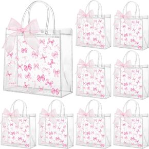 Wesnoy 24 Pcs Pink Bow Clear PVC Gift Bags with Handles Coquette Bowknot Party Favor Reusable Plastic Candy Treat Tote Bags for Wedding Birthday Baby Shower Valentines Party Supplies (Bow)