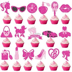24pcs Hot Pink Girl Party Cupcake Toppers Glitter Pink Birthday Party Cake Decorations for Girl Theme Party Bachelorette Party Supplies