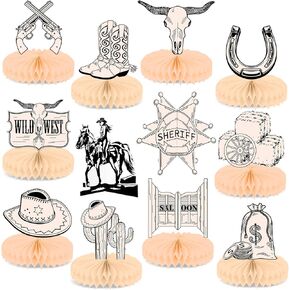 12pcs Western Party Decorations Western Cowboy Birthday Honeycomb Centerpieces Rodeo Cowgirl Party Table Honeycomb First Rodeo Bachelorette Themed Birthday Decor for kid Wild West Baby Shower Supplies