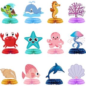 12 Pcs Ocean Sea Animal Honeycomb Centerpiece Party Decorations Ocean Themed Under The Sea Table Topper Party Supplies Fish Sea Creature Mermaid Beach Bday for Baby Shower