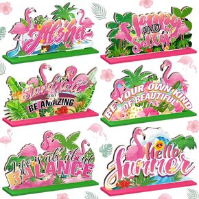 6 Pcs Summer Decorations Flamingo Table Decor Hawaii Luau Pink Wooden Sign Aloha Table Decoration Flamingo Centerpieces for Tables Tropical Party Decorations Summer Theme Party Supplies