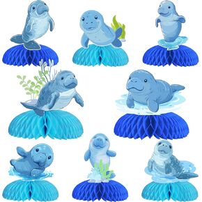Funmemoir Manatee Party Decorations, 8pcs Manatee Theme Honeycomb Centerpiece Double-sided Printing Marine Theme Party Table Decorations for Ocean Animal Manatee Birthday Baby Shower Party Supplies