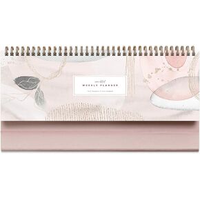 Pink Abstract Non-Dated Spiral Weekly Desk Calendar Planner, 60 Week Inspirational To Do List Pad Desktop Stand, 3.75" x 10.5", La Lune Collection by Bright Day