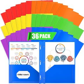 Officygnet 36 Packs 2 Pocket Folders with 3 Prongs Fastener Clasps, Bulk Heavy Duty Plastic Folder, Multicolor Folders for School and Office, Tow Pocket Folders for Letter Size Sheets