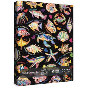 Ocean Animal Puzzle for Adults 1000 Pieces, Colorful Collage Jigsaw Puzzle, Fish Sea Turtle Whale Seashell Seahorse Marine Puzzle