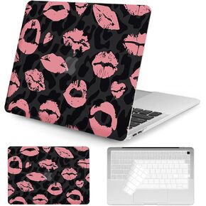 Seorsok Compatible with MacBook Air 13 Inch Case 2022 2021 2020-2018 Release A1932 A2179 M1 A2337,Elegant and Smooth Plastic Hard Case &Transparent Keyboard Cover,Leopard and Sexy Lip Print,Black Pink
