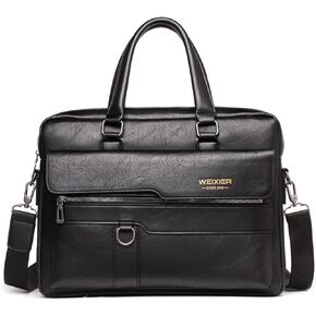 Men Briefcase Messenger Bag PU Leather Tote Handbag fit 12.9 inch Laptop Shoulder Pack for Work Professional Satchel Business Office Travel Crossbody Bags Black