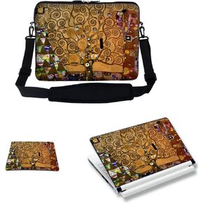 Meffort Inc 15 15.6 inch Laptop Carrying Sleeve Bag Case with Hidden Handle & Adjustable Shoulder Strap with Matching Skin Sticker and Mouse Pad Combo - Klimt Tree of Life