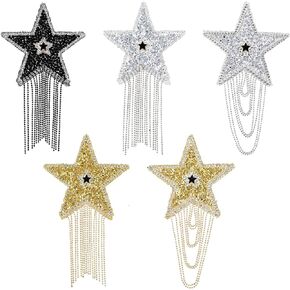 5 PCS Rhinestone Star Tassel Repair Patch Iron with Chains On Sew on Glitter Patches Star Shape Rhinestone Appliques DIY Accessory for Clothing Embellishment Clothes Pants Hats Bags