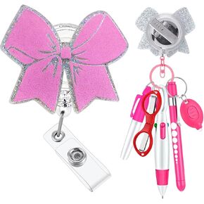 Pink Heart Bow Nurse Pen Set Badge Reel Clip Holder Accessories for Work Permanent Marker Pen and Foldable Scissors LED Flashlight Keychain for Nurse Appreciation Gifts