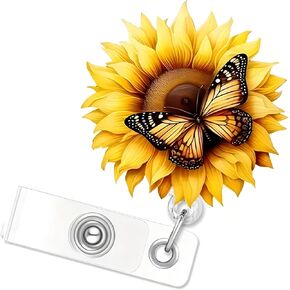 Yellow Sunflower Butterfly Badge Clip Cute Funny Badge Reels Retractable Name Badge Reel Glitter Badge Clip Summer Retractable Badge Holders Id Badge Reel for Nurse Doctor Student Office Gifts
