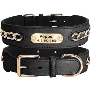 Didog Genuine Leather Dog Collar Metal Braided Personalized Dog Collar with Engraved Wide Nameplate, Adjustable & Durable Custom Pet Collars for Medium Size, Black, L